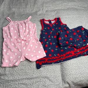 Lot of 2 Rompers Polka Dots/Cherries Size 12 Months Spring Summer Vacation